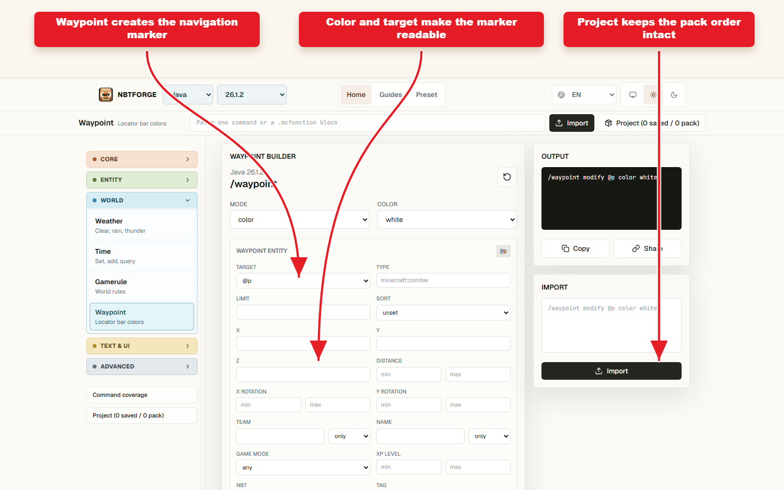 NBTForge Waypoint workbench screenshot for adventure map navigation support.