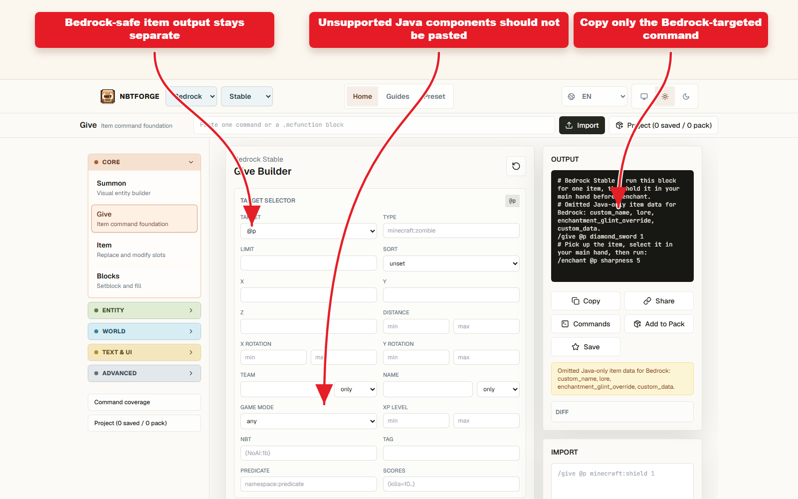 NBTForge Give workbench screenshot showing a Bedrock-safe item command review.
