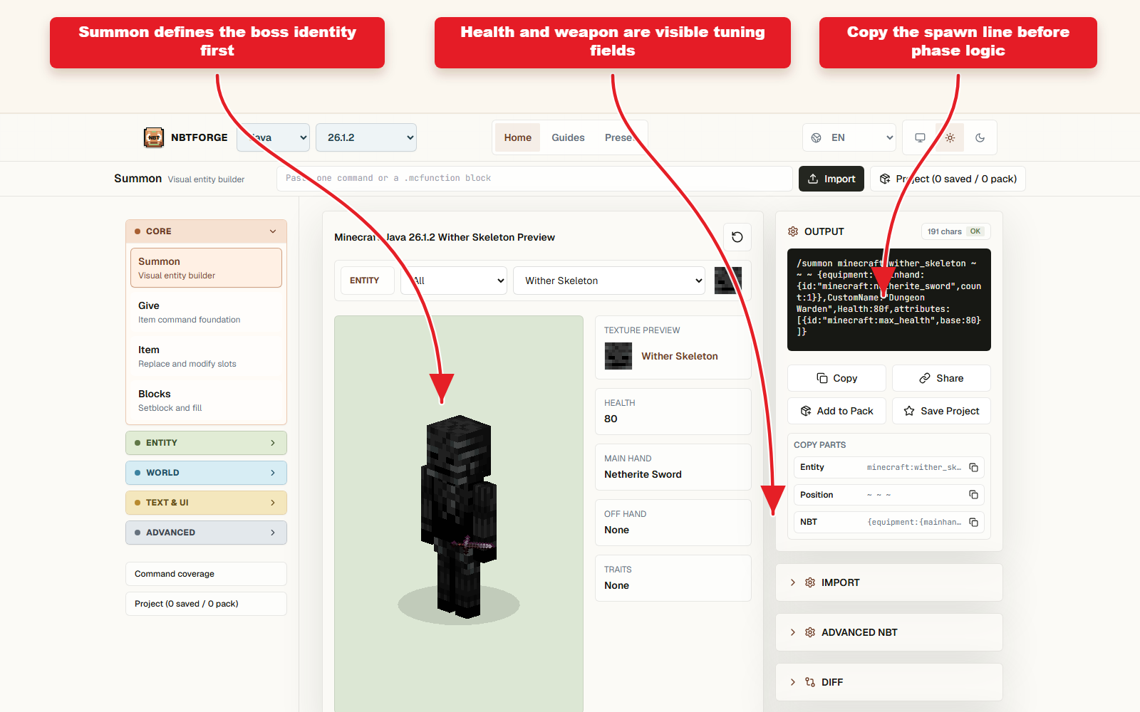 NBTForge Summon workbench screenshot for defining a dungeon boss entity and weapon.
