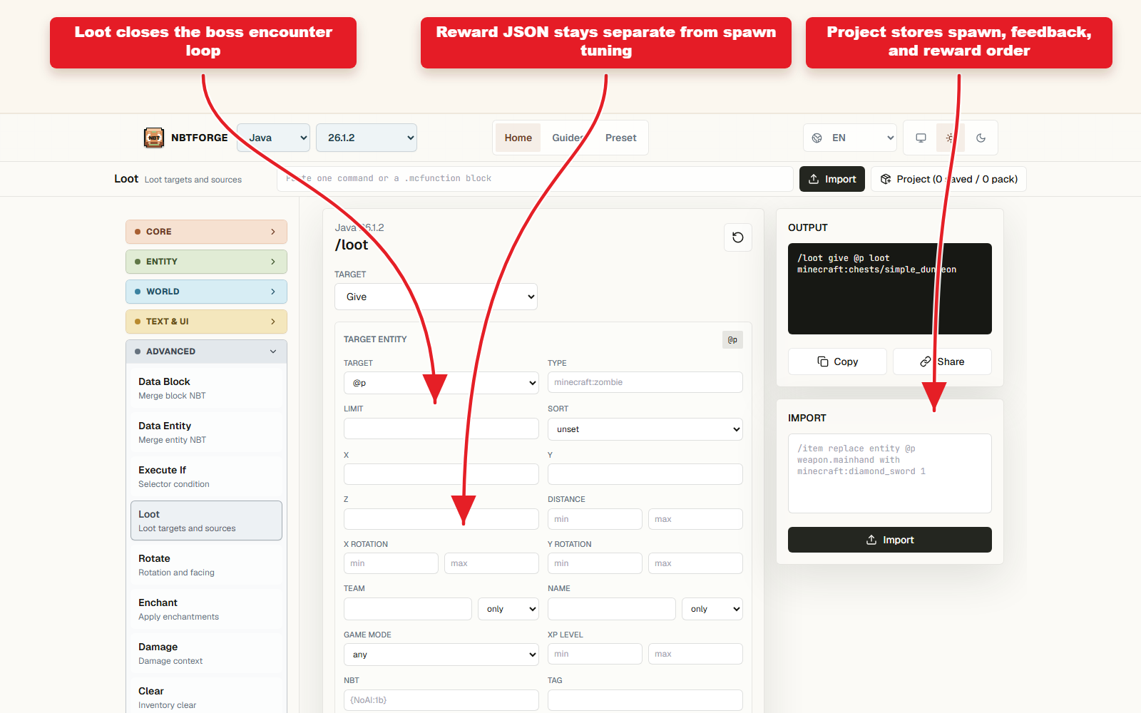NBTForge Loot workbench screenshot for connecting a boss encounter to reward JSON.