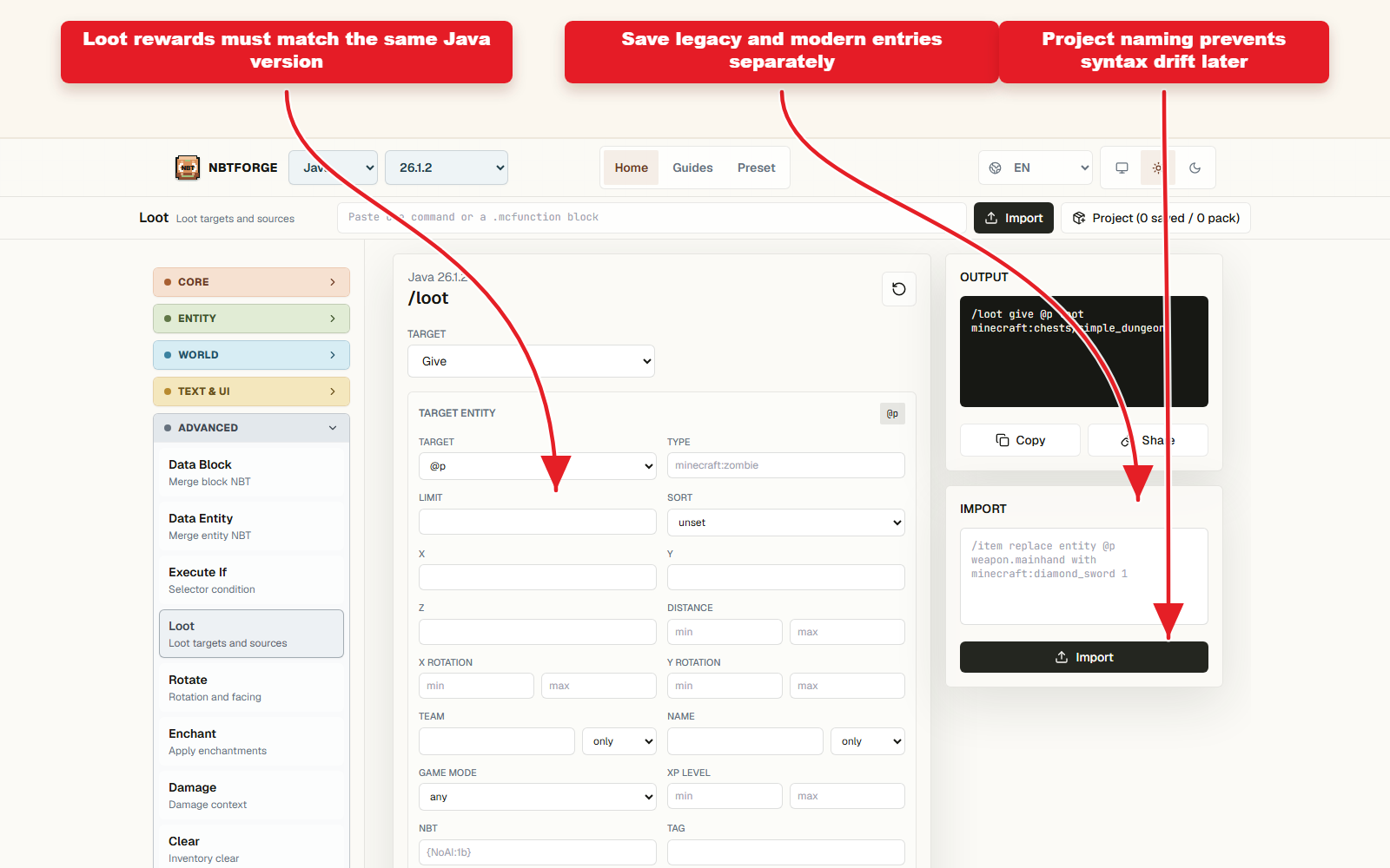 NBTForge Loot workbench screenshot for keeping item reward versions aligned.