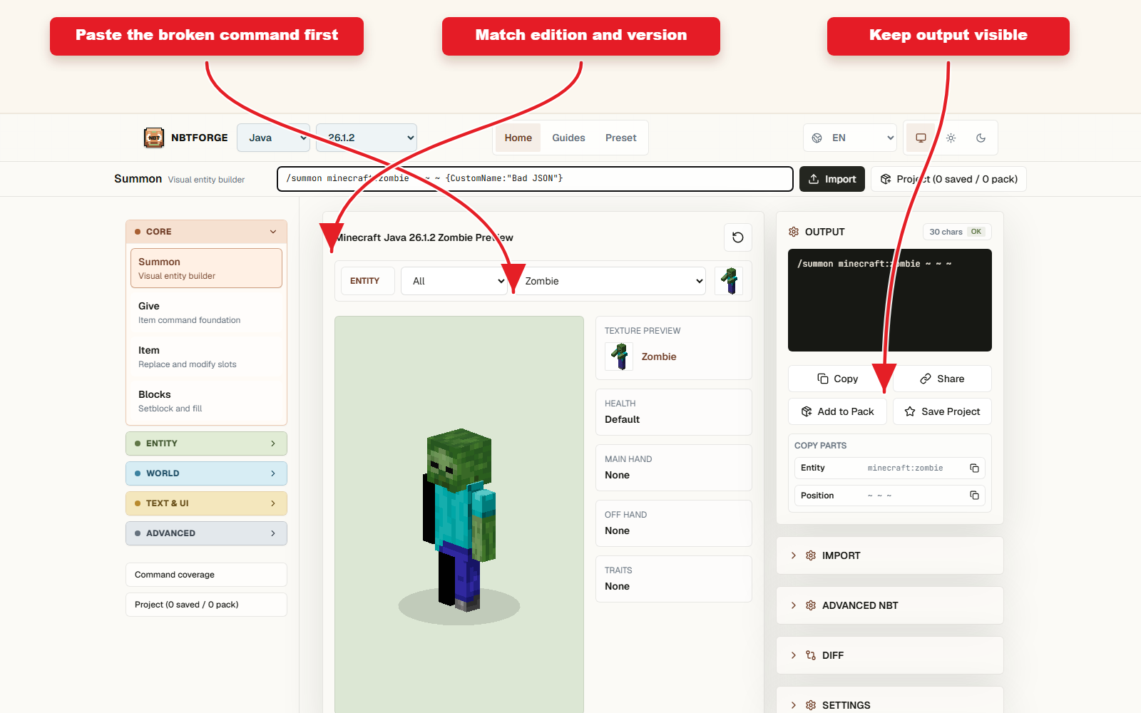 NBTForge workbench screenshot with a broken command pasted into the import bar.