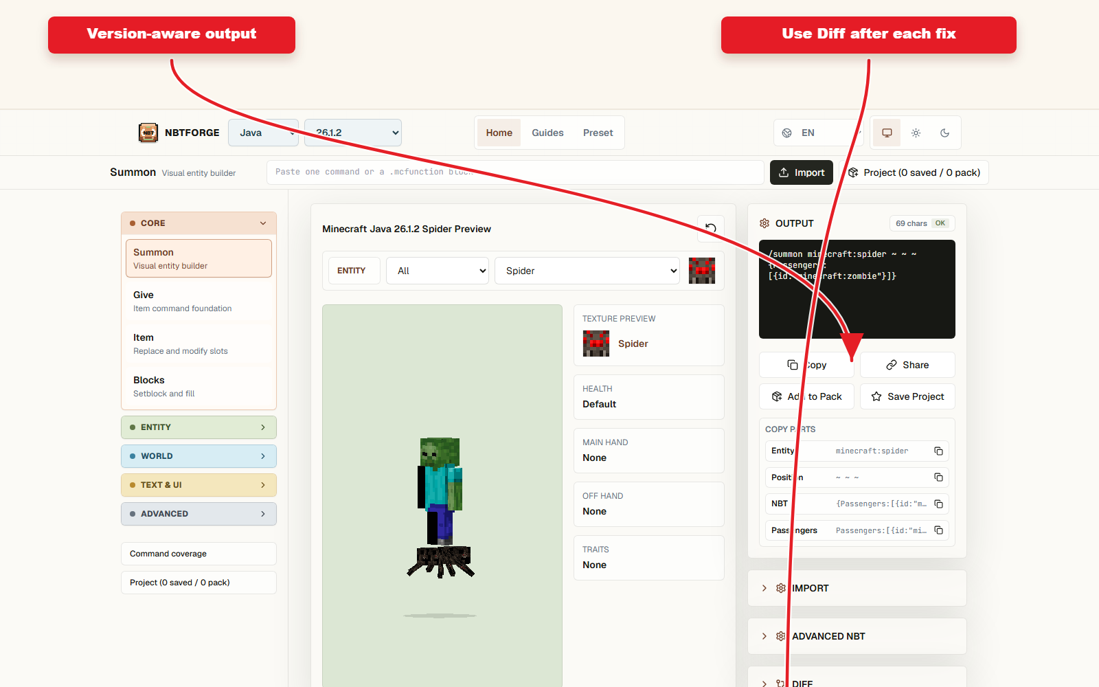 NBTForge output screenshot showing version-aware output and the Diff workflow.