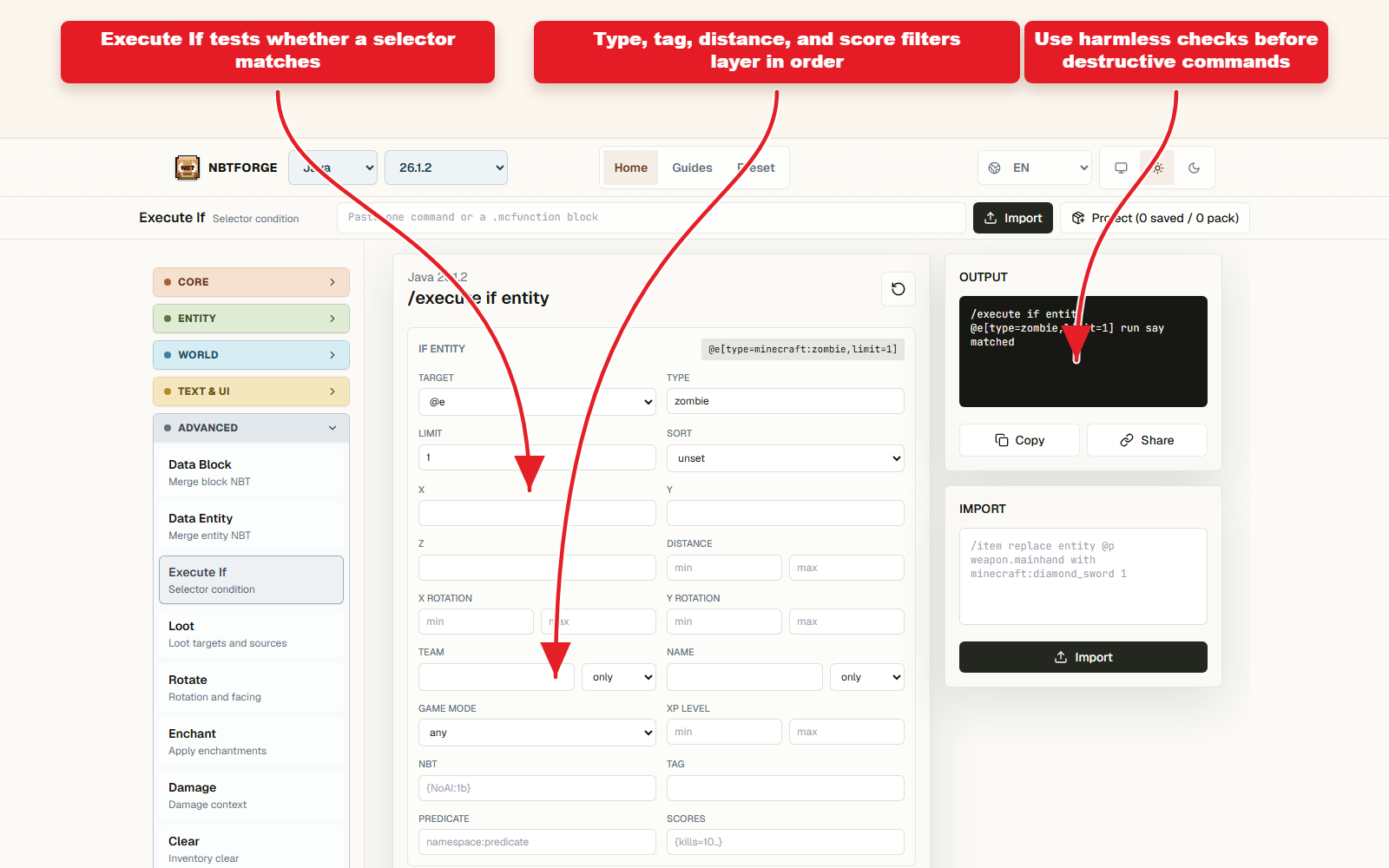 NBTForge Execute If workbench screenshot for testing whether a target selector matches.