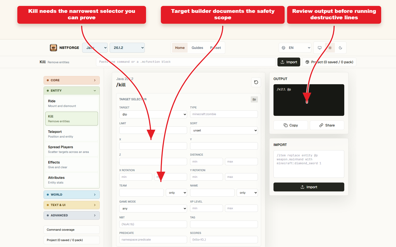 NBTForge Kill workbench screenshot showing selector scope review for destructive commands.
