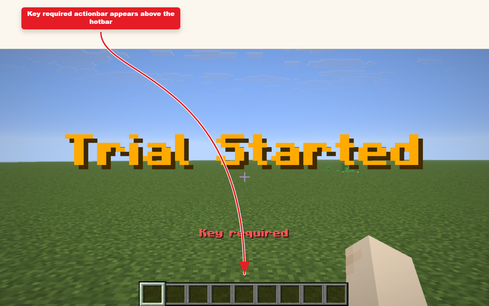In-game Minecraft screenshot showing Actionbar preset for player feedback result.