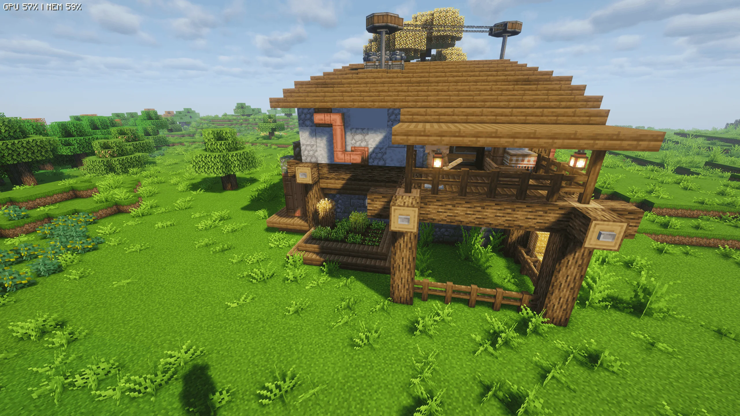 ADVANCED HOUSE with Spruce Slab, Andesite Casing, Spruce Stairs, Oak Log, Fluid Tank, Item Vault, Spruce Planks, and Cobblestone, visible proportions, and a 26 x 15 x 26 schematic footprint.