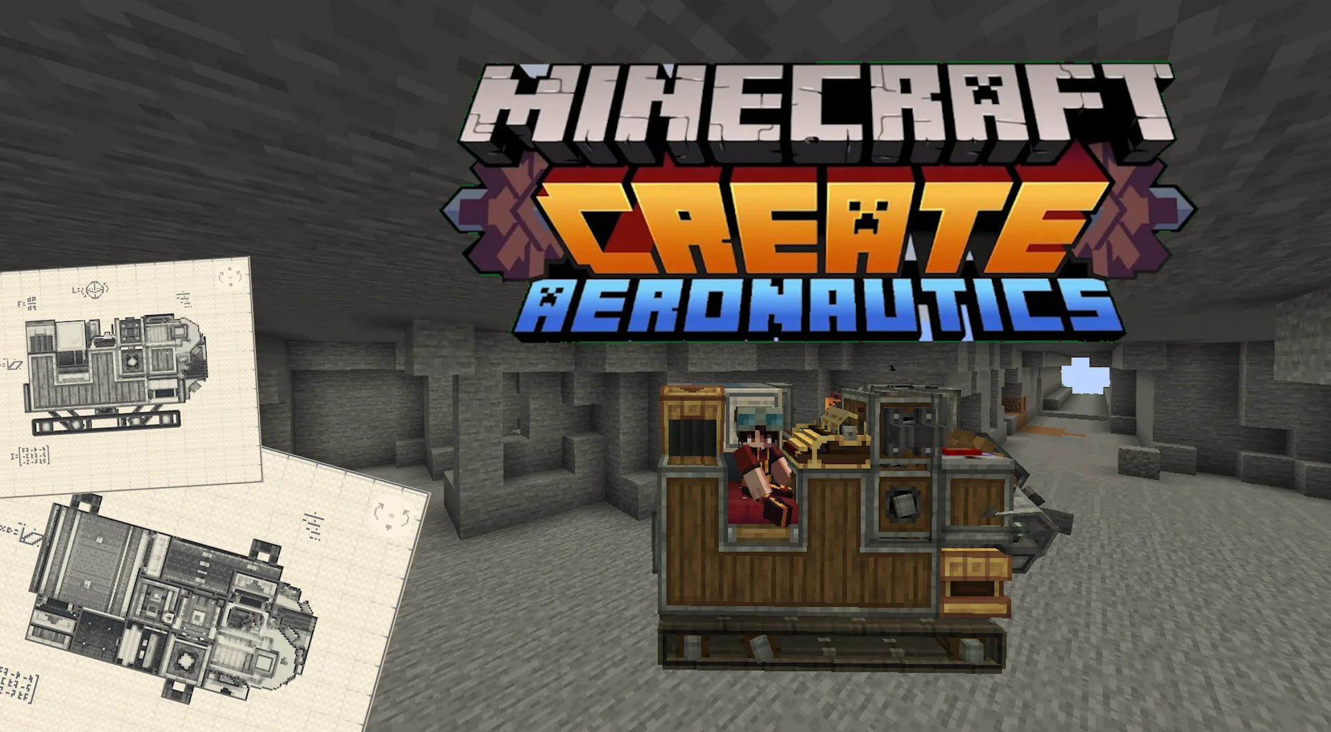 Aeronautics super compact tunnelbore drill with Belt, Item Vault, Gearbox, Andesite Casing, Copycat Panel, Redstone Link, Andesite Funnel, and Red Portable Engine, visible proportions, and a 7 x 4 x 5 schematic footprint.