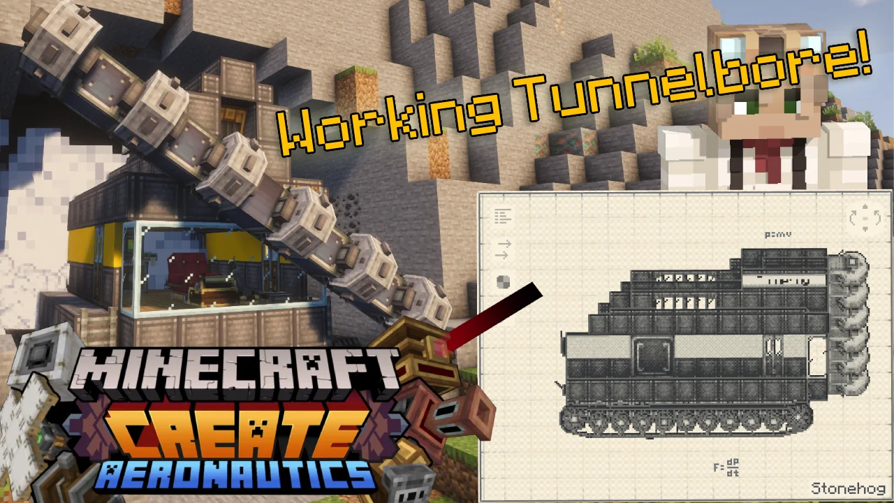 Aeronautics Tunnelbore The Stonehog with Industrial Iron Block, Copycat Panel, Spruce Slab, Item Vault, Track Mount, Copycat Step, Yellow Concrete, and Encased Chain Drive, visible proportions, and a 16 x 10 x 11 schematic footprint.