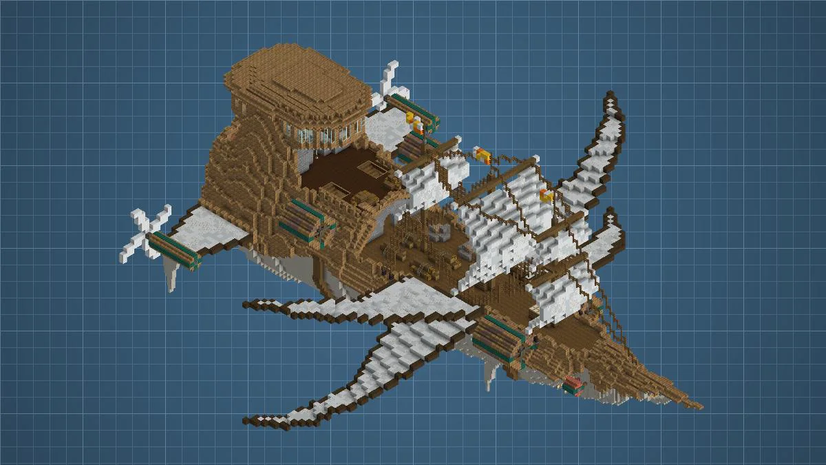 Airship by Migz with Cut Limestone, Cut Ochrum, Andesite Casing, Polished Cut Ochrum, White Wool, Spruce Fence, Brass Casing, and White Concrete, visible proportions, and a 109 x 68 x 191 schematic footprint.