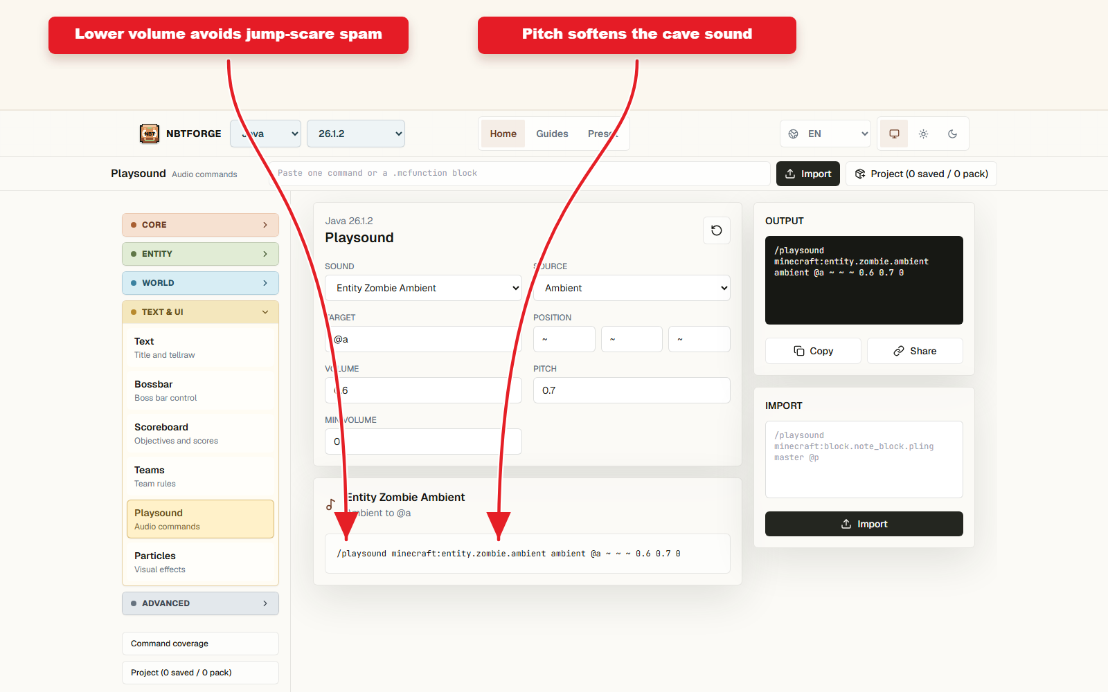 Detailed Playsound settings for Ambient sound preset for adventure maps.