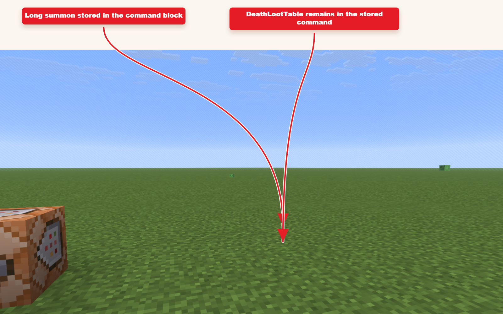 In-game screenshot showing the long summon stored inside the command block.