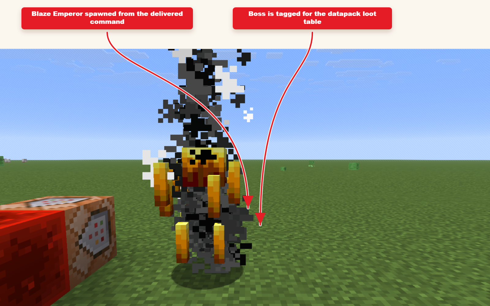 In-game screenshot of the spawned Blaze Emperor boss beside the command block chain.