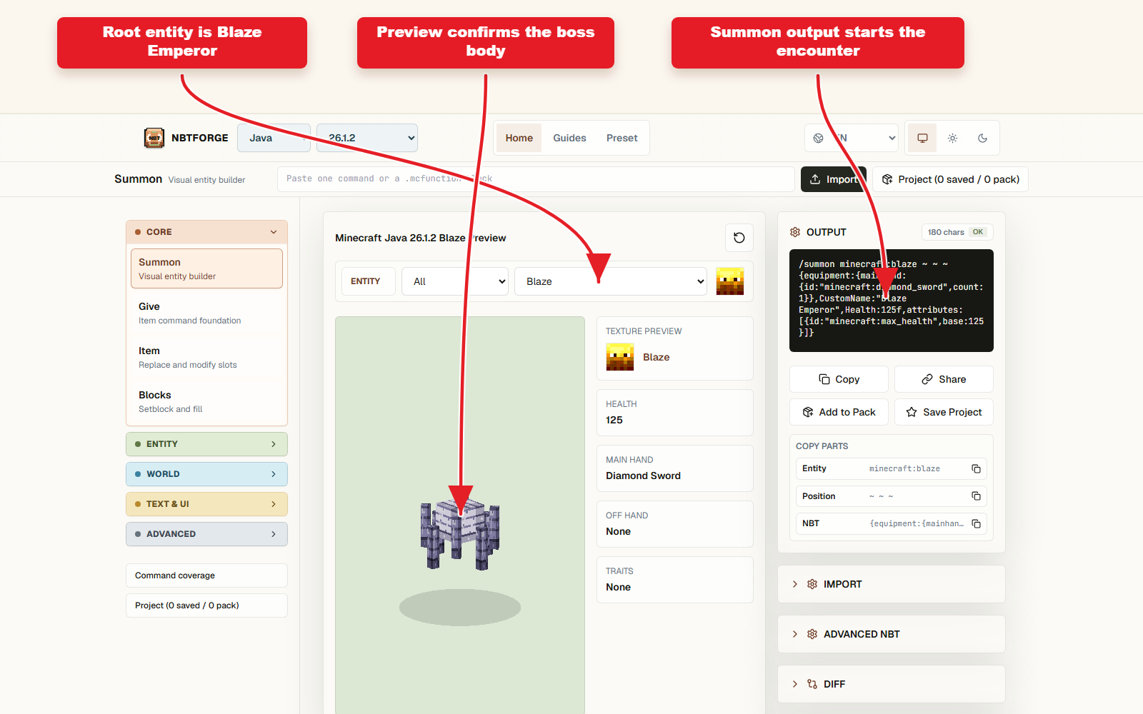 Summon workbench configured for the Blaze Emperor boss entity.