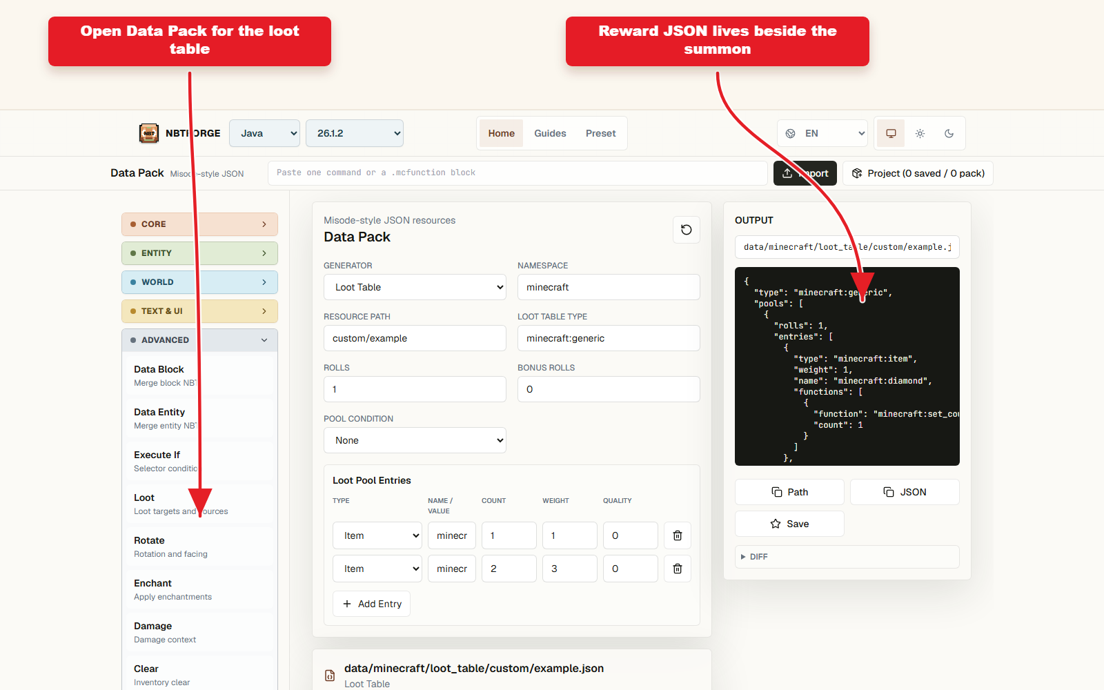 Data Pack workflow opened for the Blaze Emperor loot table context.