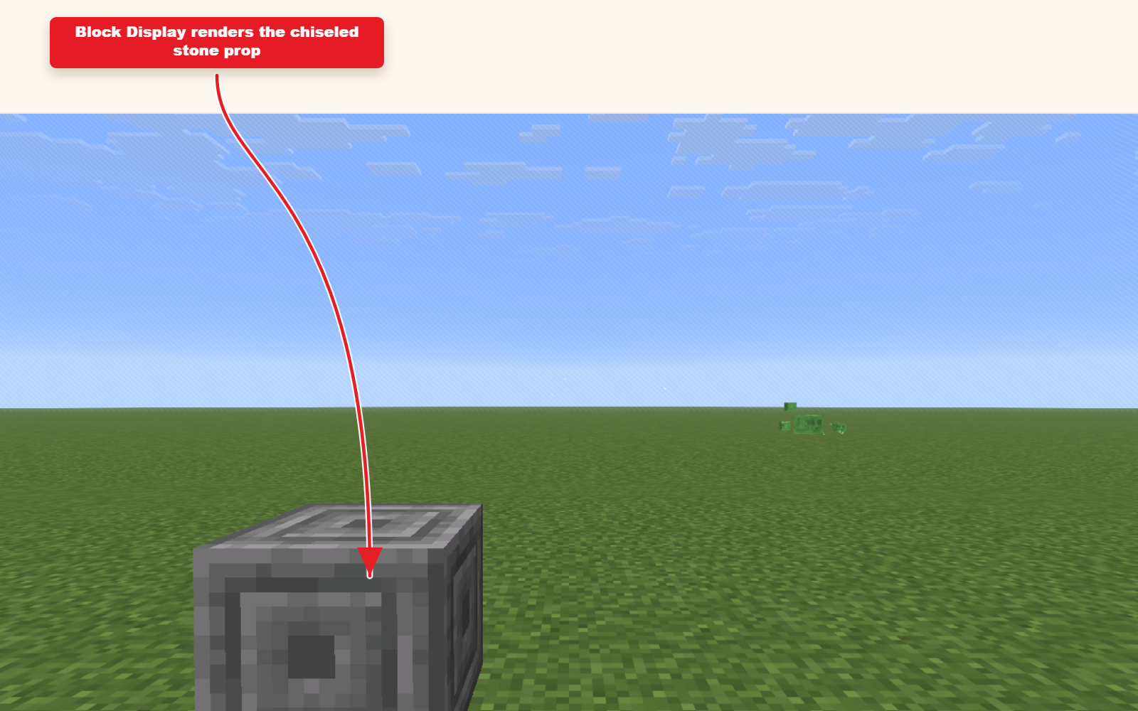 In-game screenshot showing block_display chiseled stone decoration spawned from the preset command.