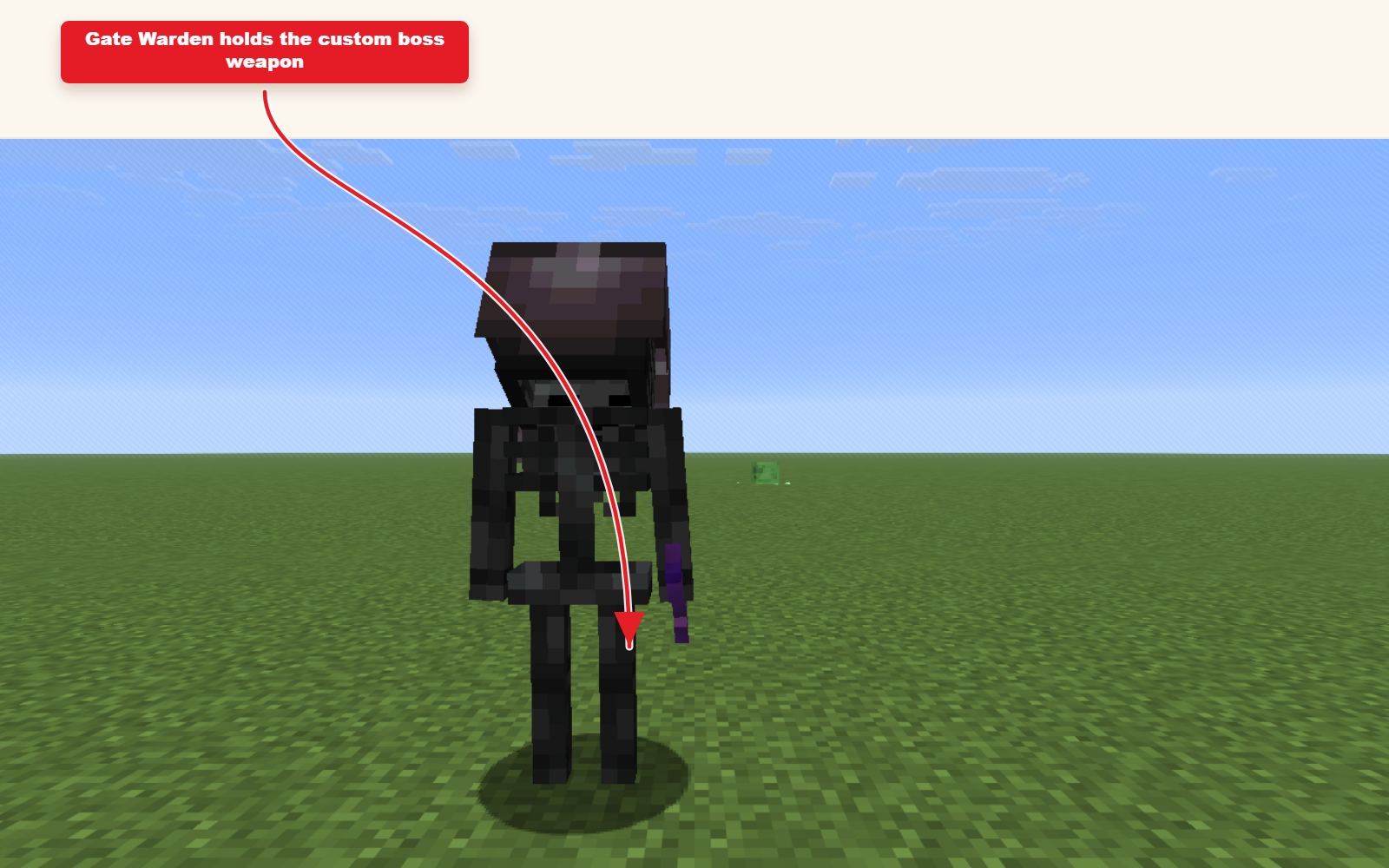 In-game screenshot showing Gate Warden boss mob with a custom weapon spawned from the preset command.