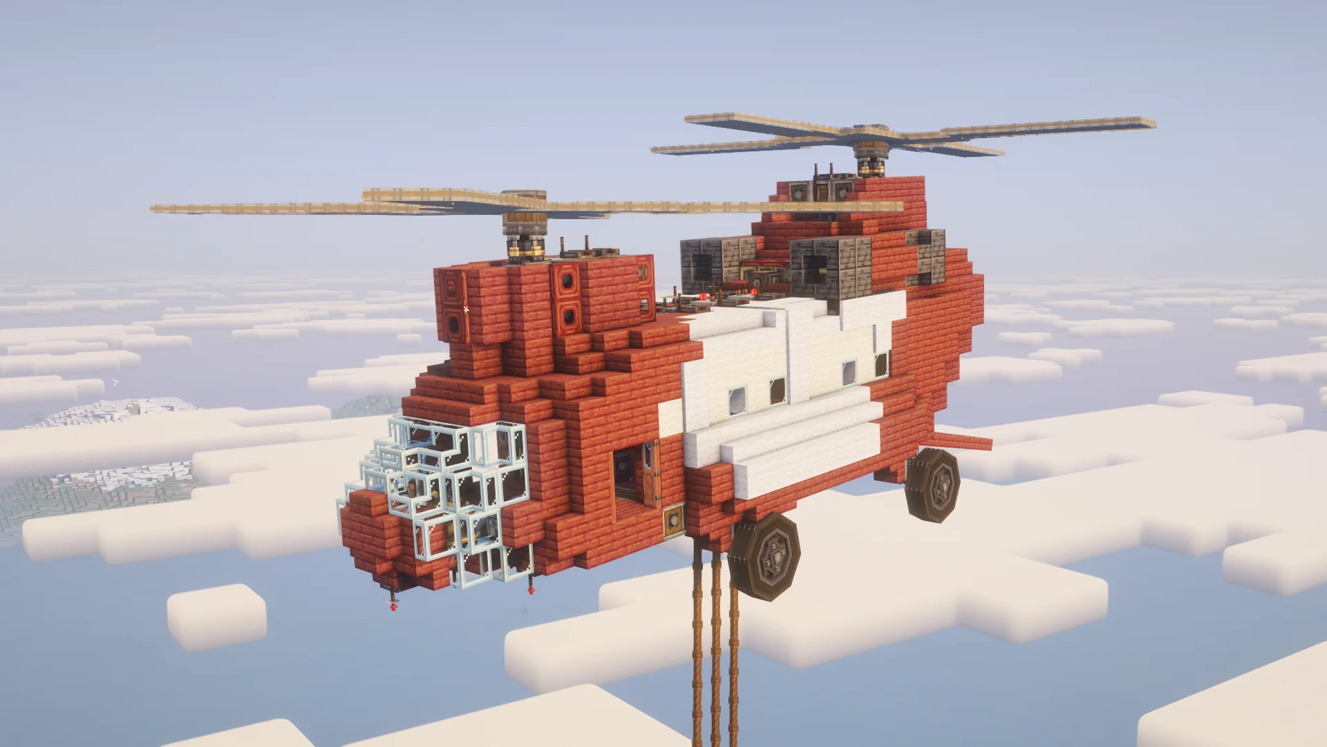 CH-47D (Chinook Helicopter With Shaft Vectoring) with White Symmetric Sail, Mangrove Planks, Copycat Slab, Mangrove Stairs, Mangrove Slab, Redstone Link, Fluid Tank, and Copycat Stairs, visible proportions, and a 21 x 19 x 39 schematic footprint.