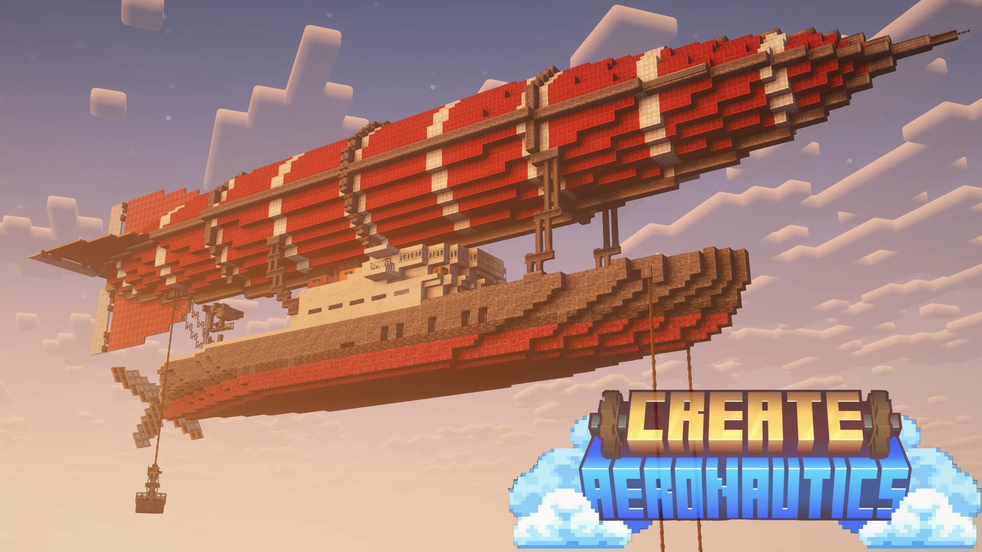 'Cirrus' Exploration Airship for Create Aeronautics - V1.2 with Red Envelope, Deepslate Pillar, White Envelope, Cut Crimsite, Cut Limestone, Red Symmetric Sail, Polished Cut Crimsite, and Spruce Planks, visible proportions, and a 23 x 36 x 116 schematic footprint.