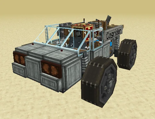 Cogrider car with Copycat Panel, Industrial Iron Block, Andesite Alloy Block, Redstone Link, Light Gray Nameplate, Wheel Mount, Copycat Stacked Half Layer, and White Sail, visible proportions, and a 9 x 3 x 5 schematic footprint.