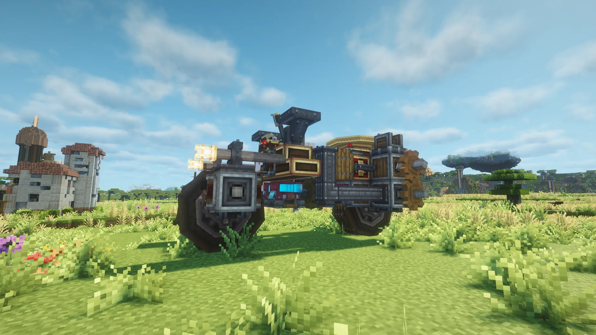 Create Aeronautic Motorcycle: Bike The Dust (BTD) with Copycat Fluid Pipe, Redstone Link, Cogwheel, Yellow Brass Lamp, Wheel Mount, Shaft, Andesite Casing, and Brass Encased Cogwheel, visible proportions, and a 6 x 4 x 9 schematic footprint.