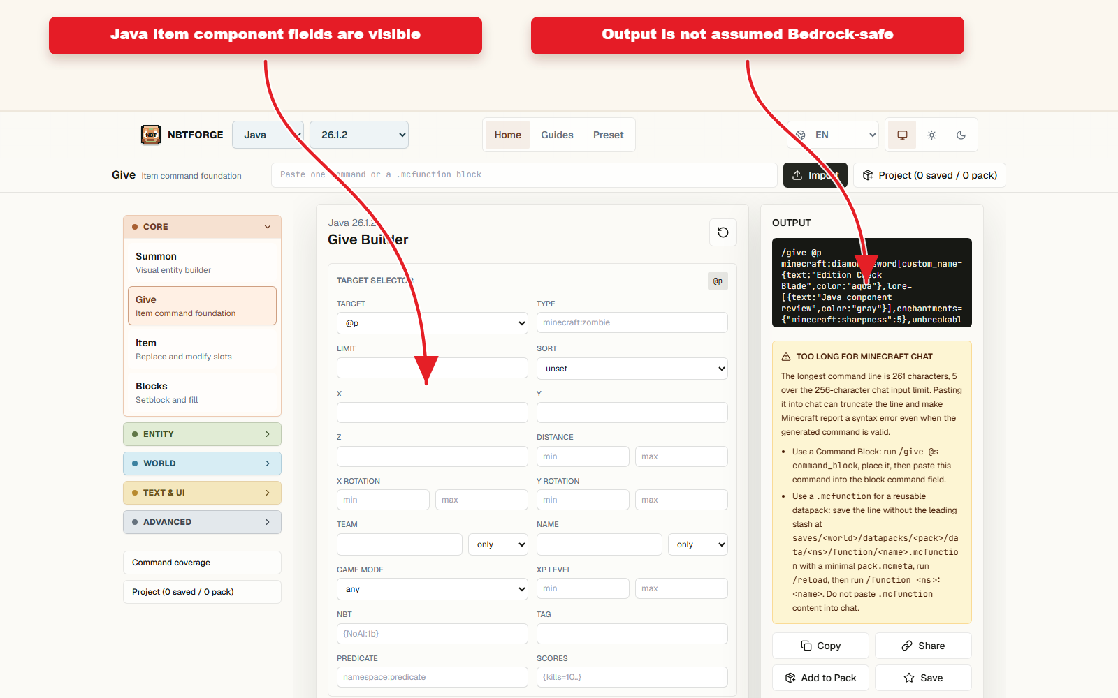 NBTForge Give workbench configured for Cross-edition item preset checklist.