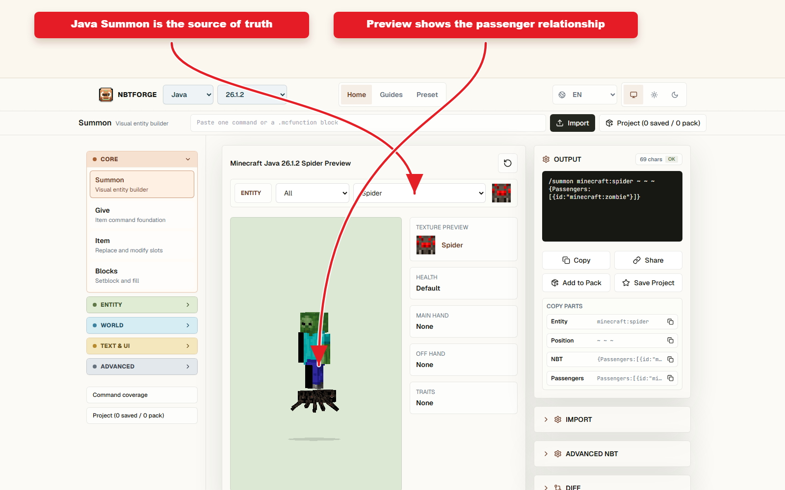 NBTForge Summon workbench configured for Cross-edition summon preset checklist.