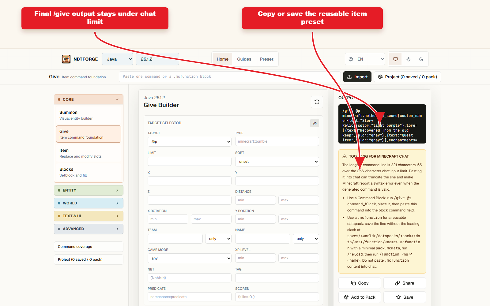 Copy-ready Give output for Story Relic named item.
