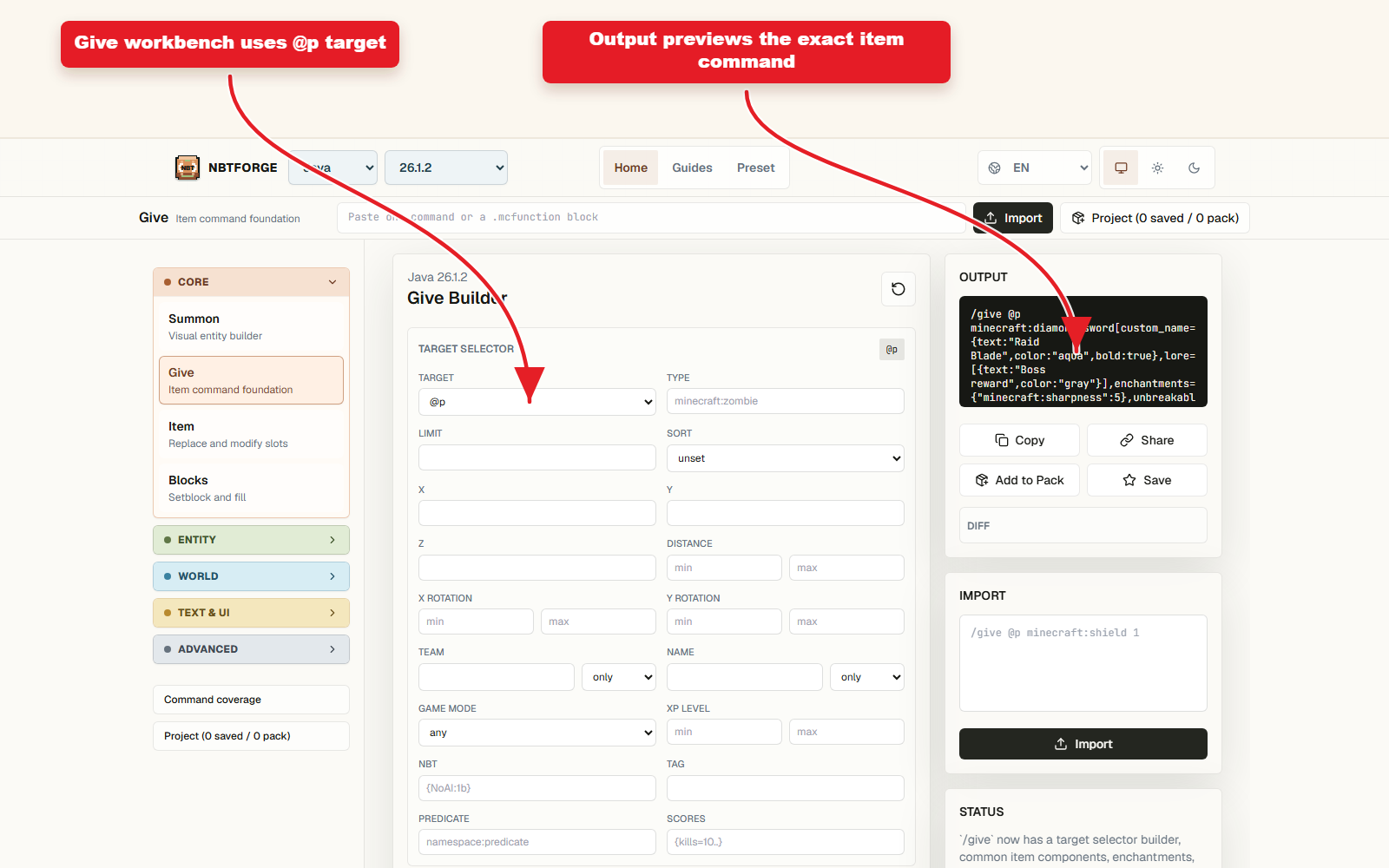 Give workbench configured for a custom diamond sword command.