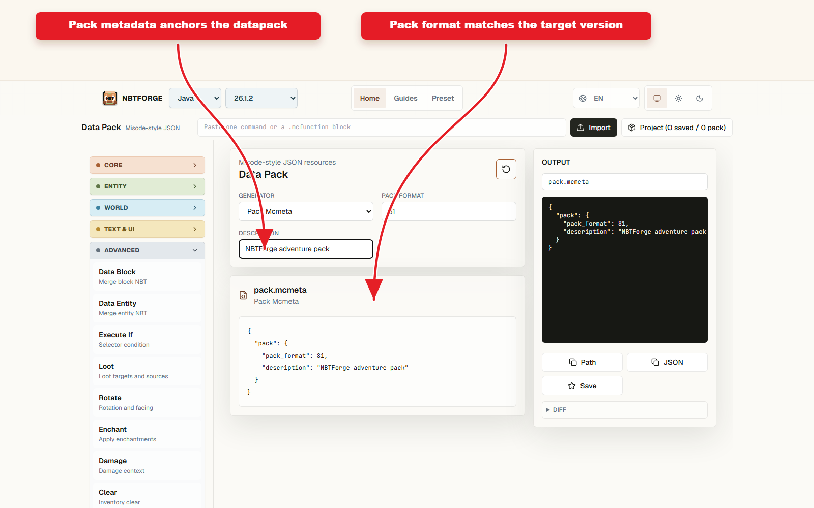 NBTForge Data Pack workbench configured for Datapack namespace preset guide.