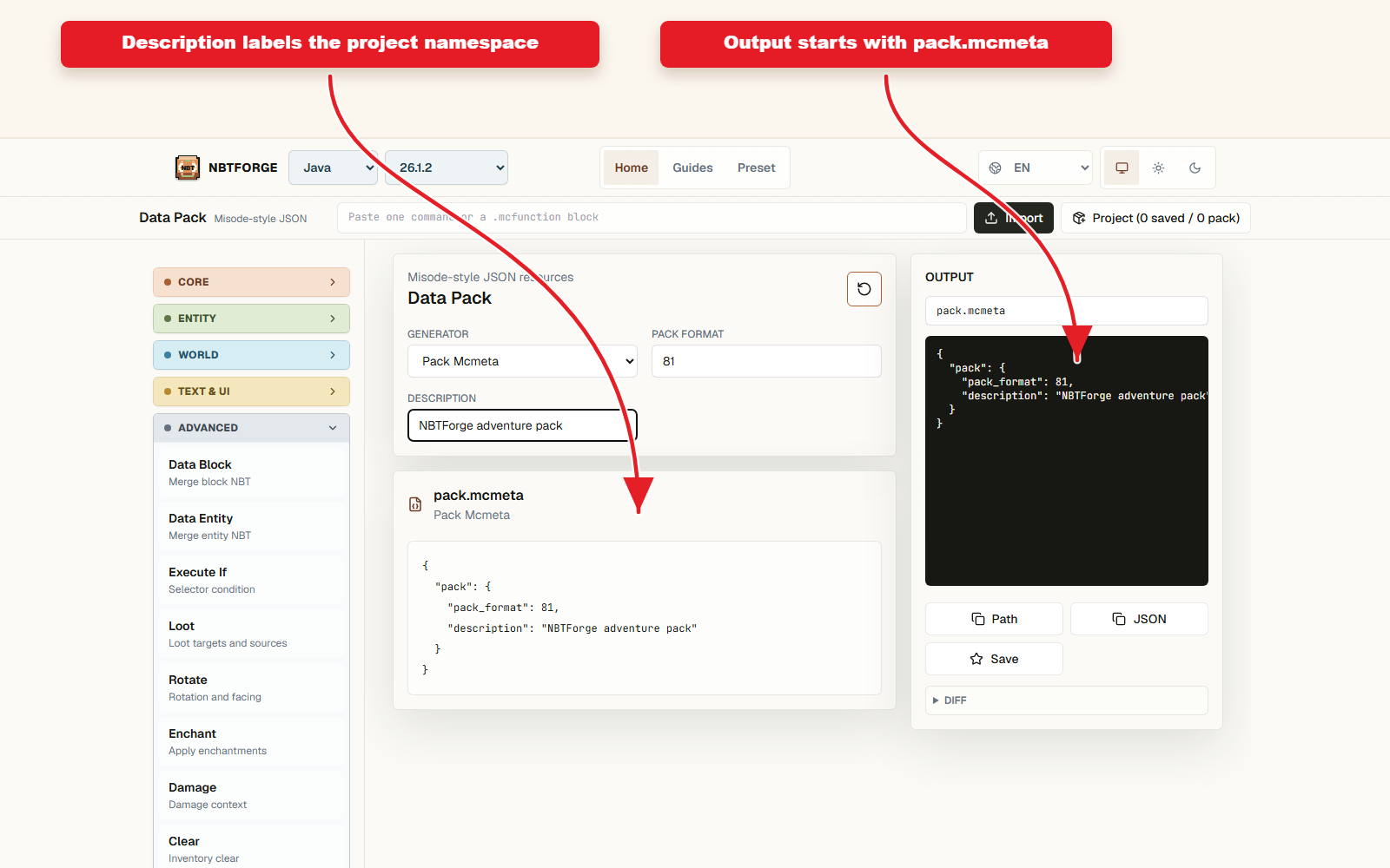 Detailed Data Pack controls for Datapack namespace preset guide.