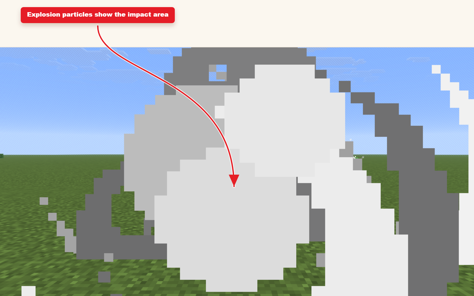 In-game Minecraft screenshot showing Explosion particle preset without damage result.