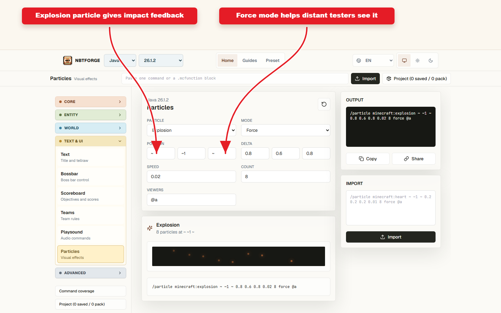 NBTForge Particles workbench configured for Explosion particle preset without damage.