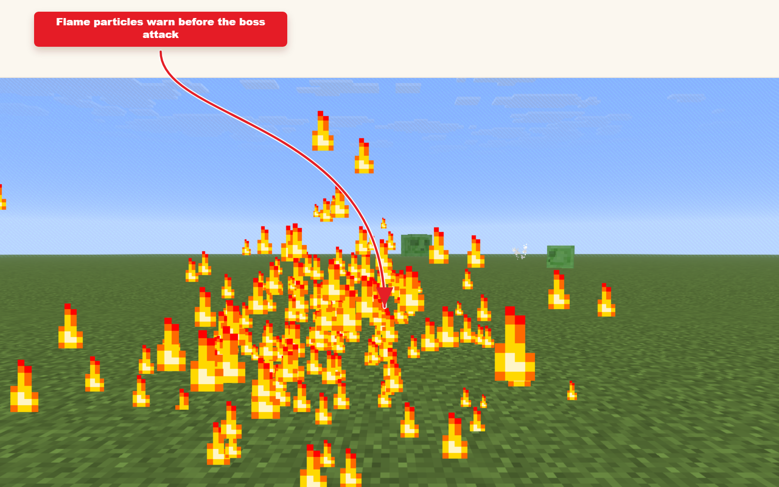 In-game Minecraft screenshot showing Flame particle preset for boss attacks result.