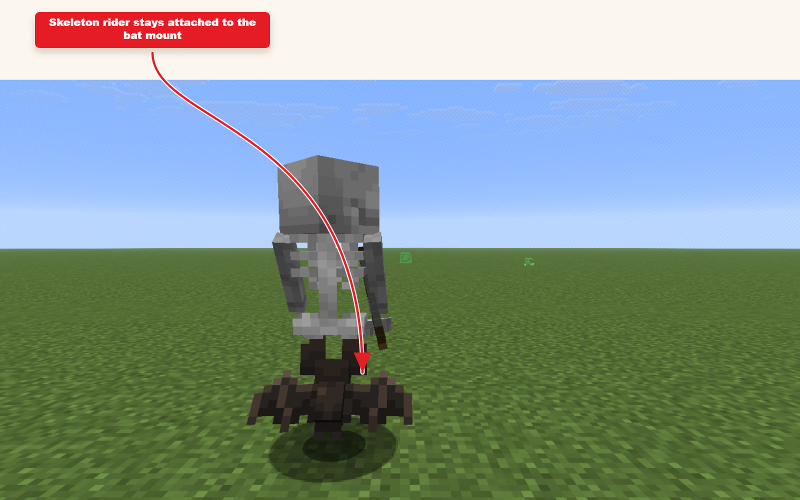 In-game screenshot showing flying Skeleton rider on a bat spawned from the preset command.