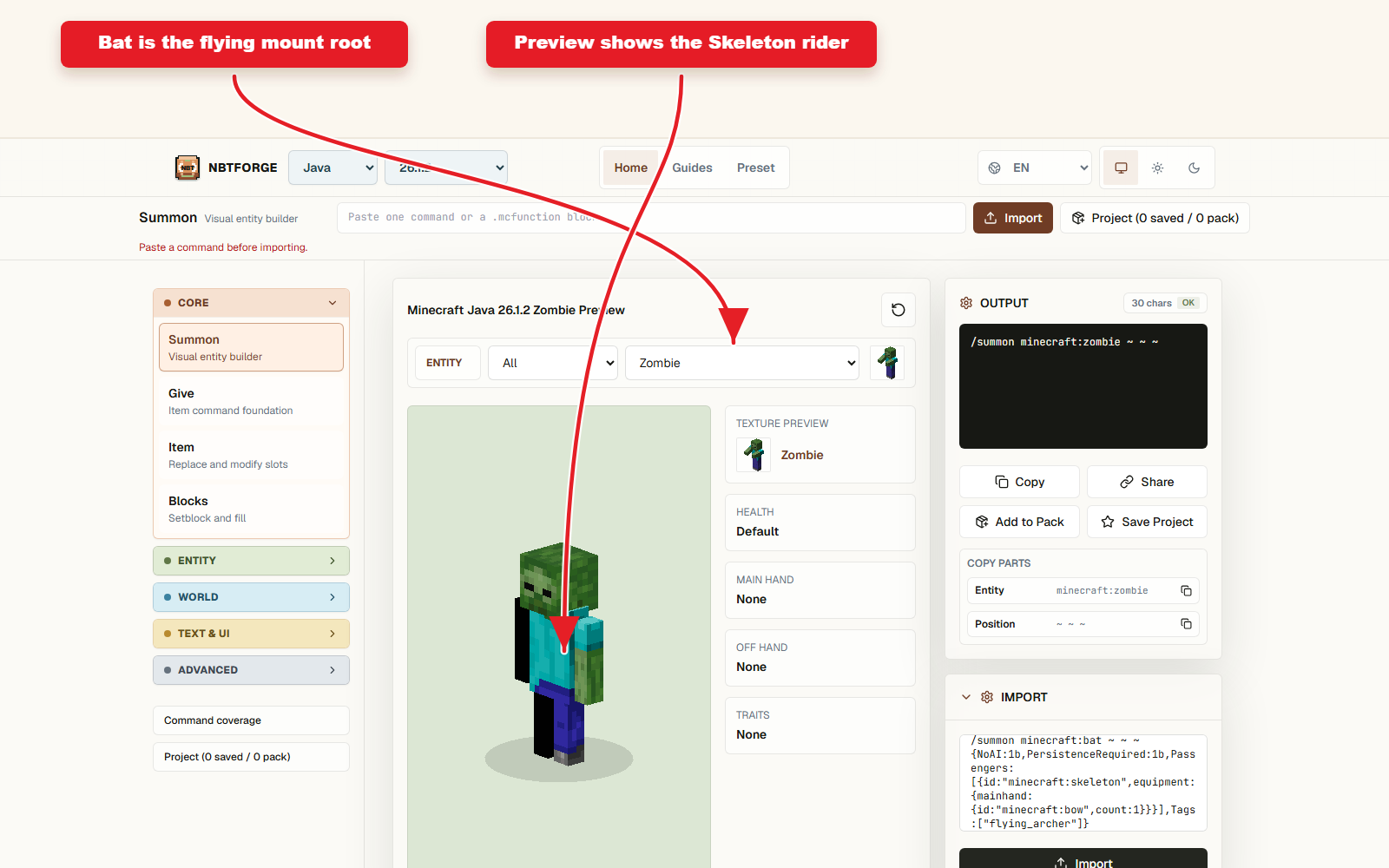 NBTForge Summon workbench configured for flying Skeleton rider on a bat.