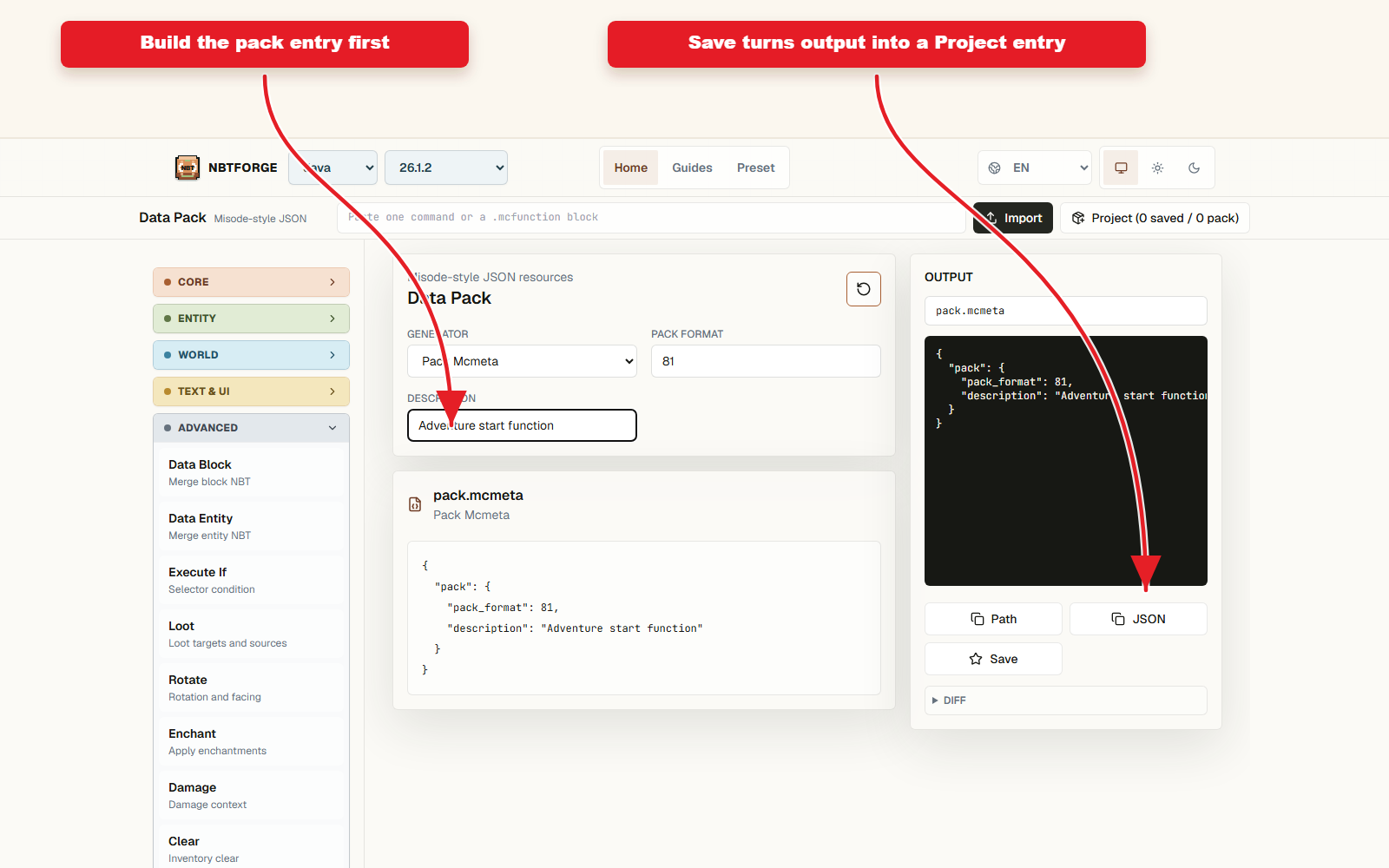 NBTForge Project workbench configured for Function pack preset for command chains.
