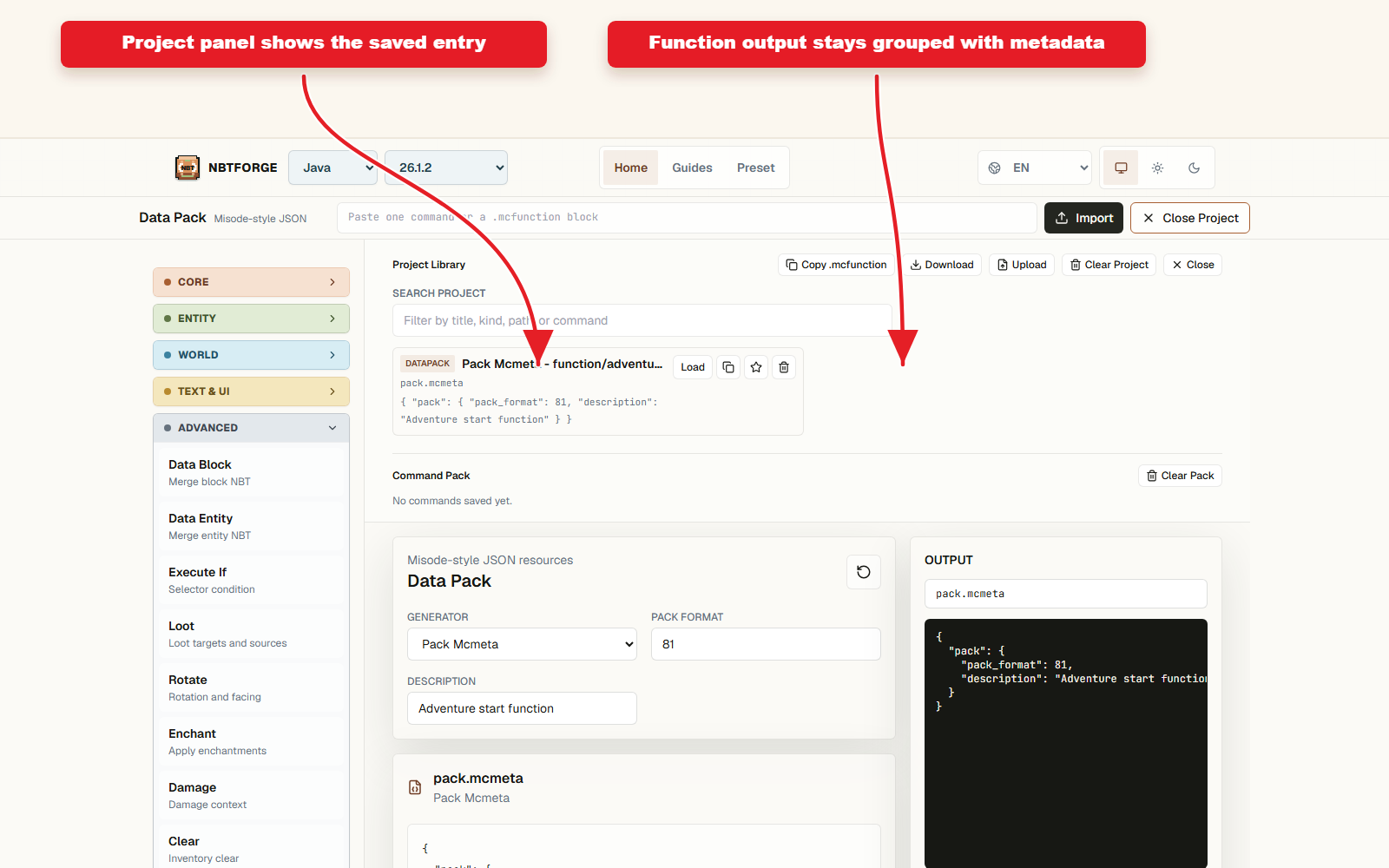 Detailed Project controls for Function pack preset for command chains.