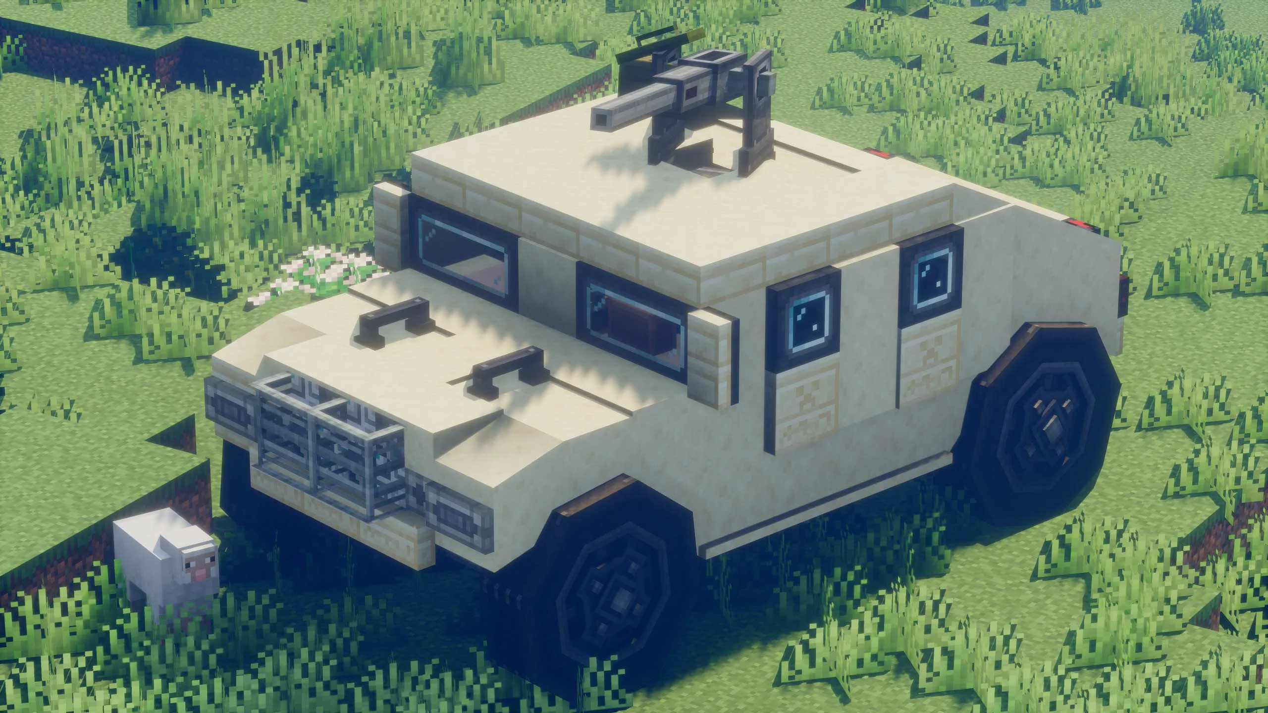 Humvee with Copycat Slope Layer, Copycat Block, Copycat Slab, Copycat Board, Redstone Link, Copycat Stacked Half Layer, Copycat Slice, and Copycat Sliding Door, visible proportions, and a 12 x 5 x 7 schematic footprint.