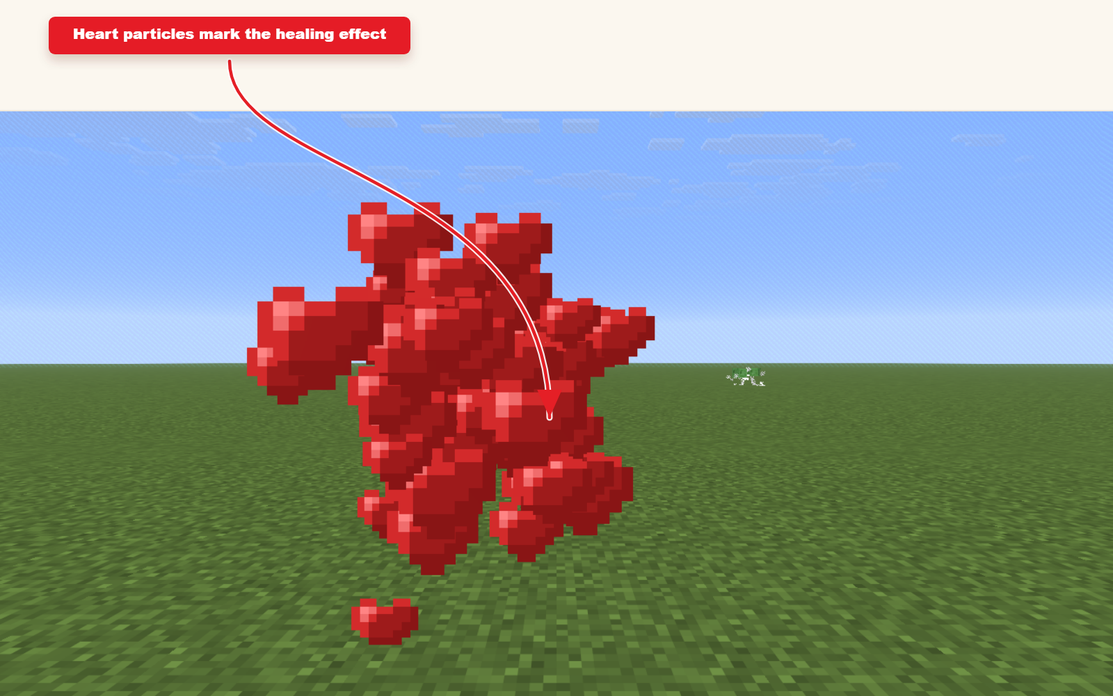 In-game Minecraft screenshot showing Heart particle preset for healing effects result.