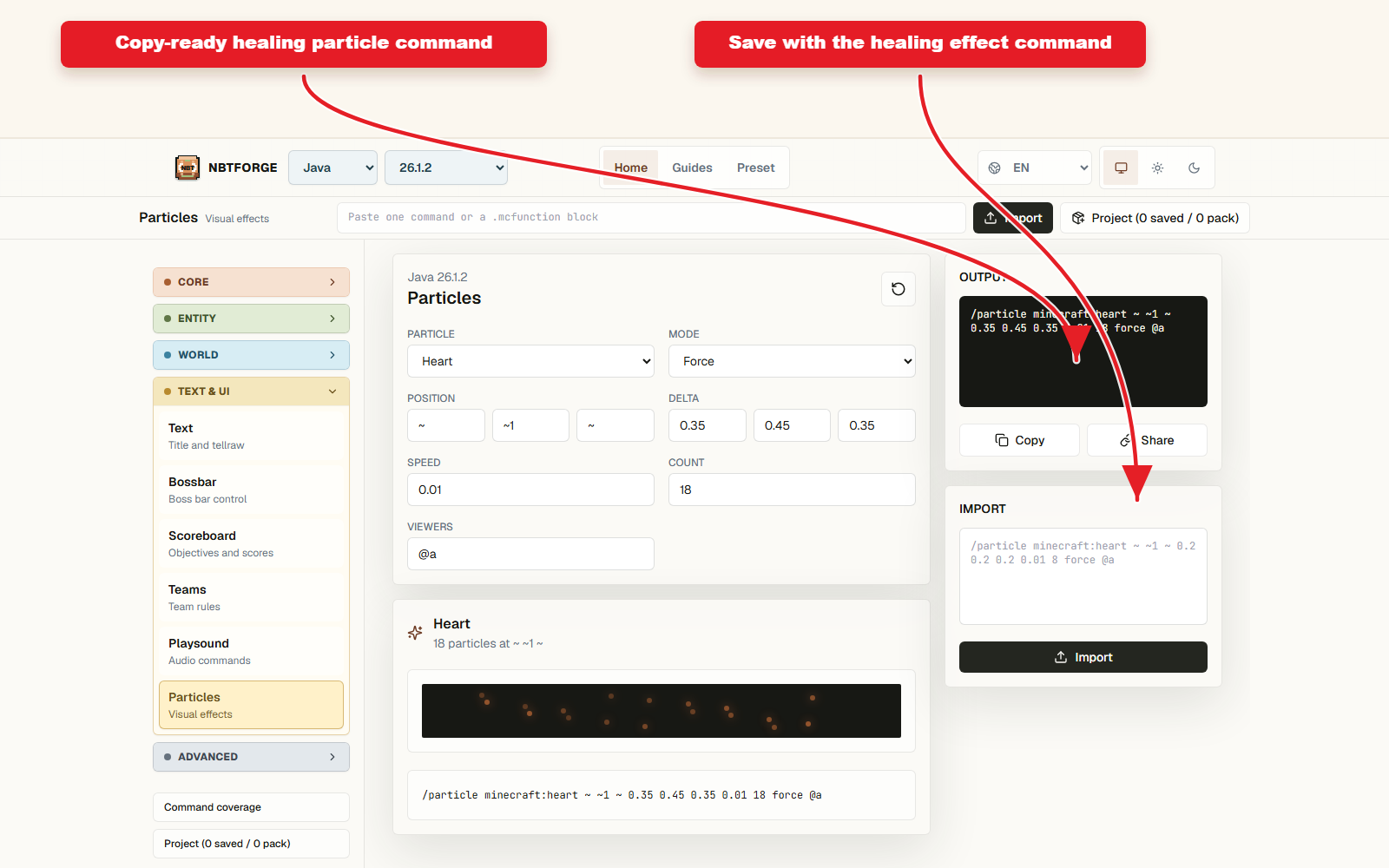 Copy-ready command output for Heart particle preset for healing effects.