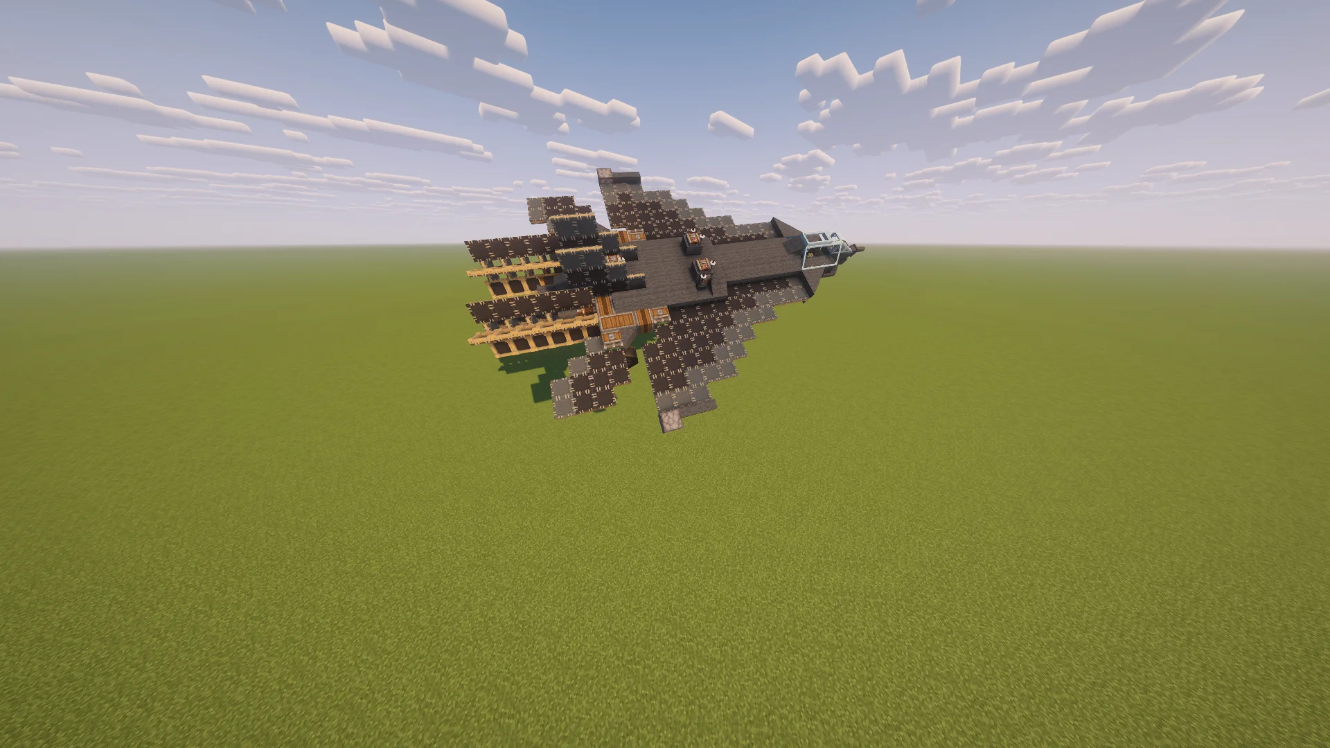 I made fastest fighter jet using create aeronautics with Black Sail, Copycat Slope Layer, Gray Wool, Gray Sail, Black Symmetric Sail, Copycat Slab, Gray Symmetric Sail, and Gearbox, visible proportions, and a 30 x 10 x 21 schematic footprint.