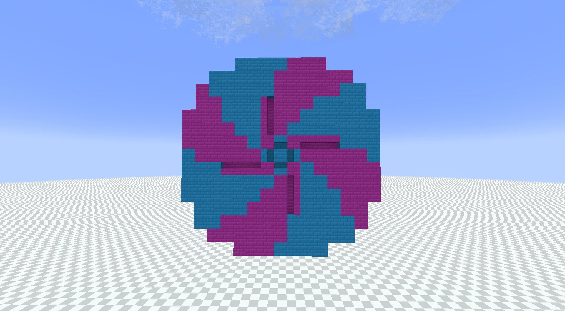 Iris door with Small Bricks/Light Blue Concrete, Small Bricks/Magenta Concrete, Copycat Vertical Stairs, Small Flanged Cogwheel Chain, Redstone Link, Copycat Stairs, Mechanical Bearing, and Sequenced Gearshift, visible proportions, and a 15 x 16 x 5 schematic footprint.