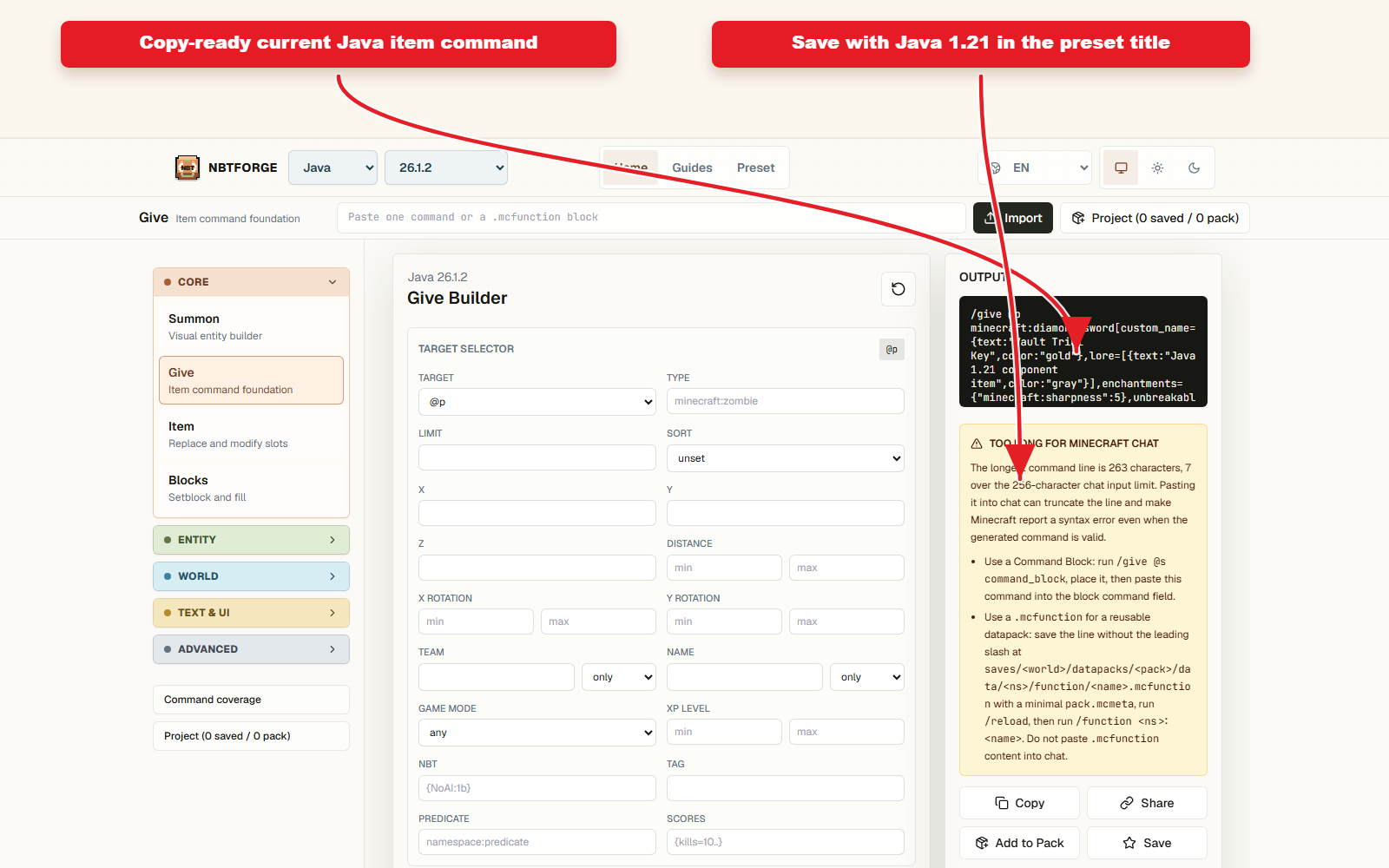 Copy-ready output for Java 1.21 item component preset guide.