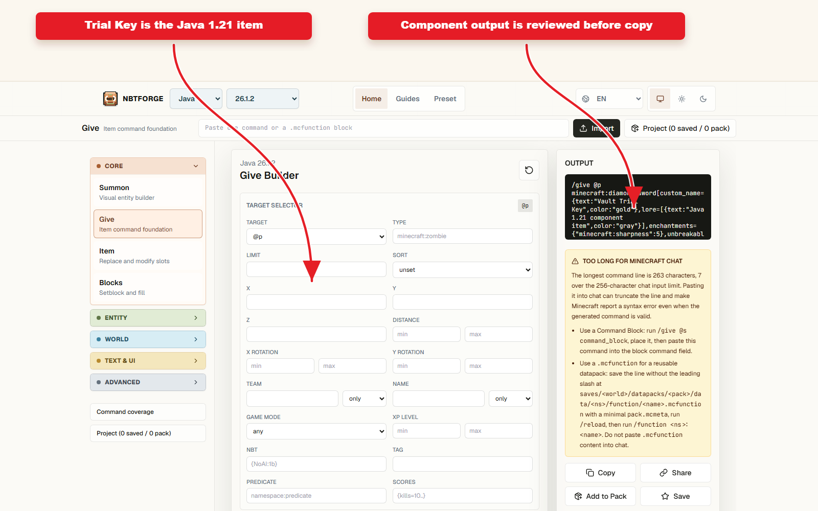 NBTForge Give workbench configured for Java 1.21 item component preset guide.