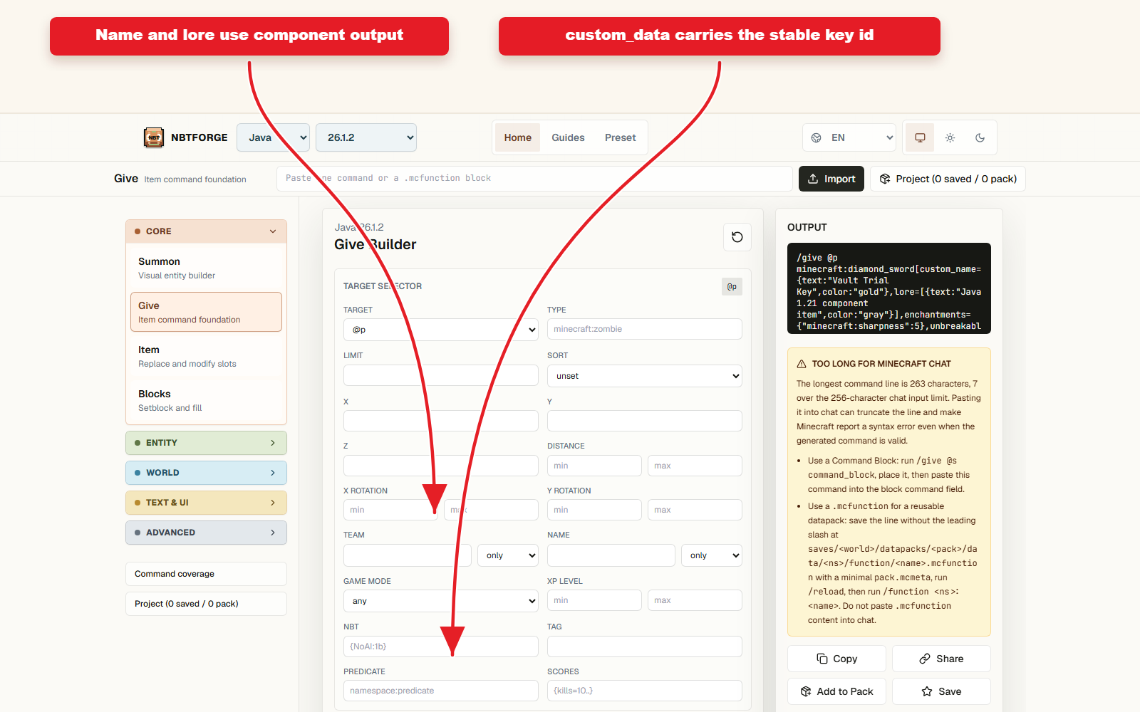 Detailed Give controls for Java 1.21 item component preset guide.