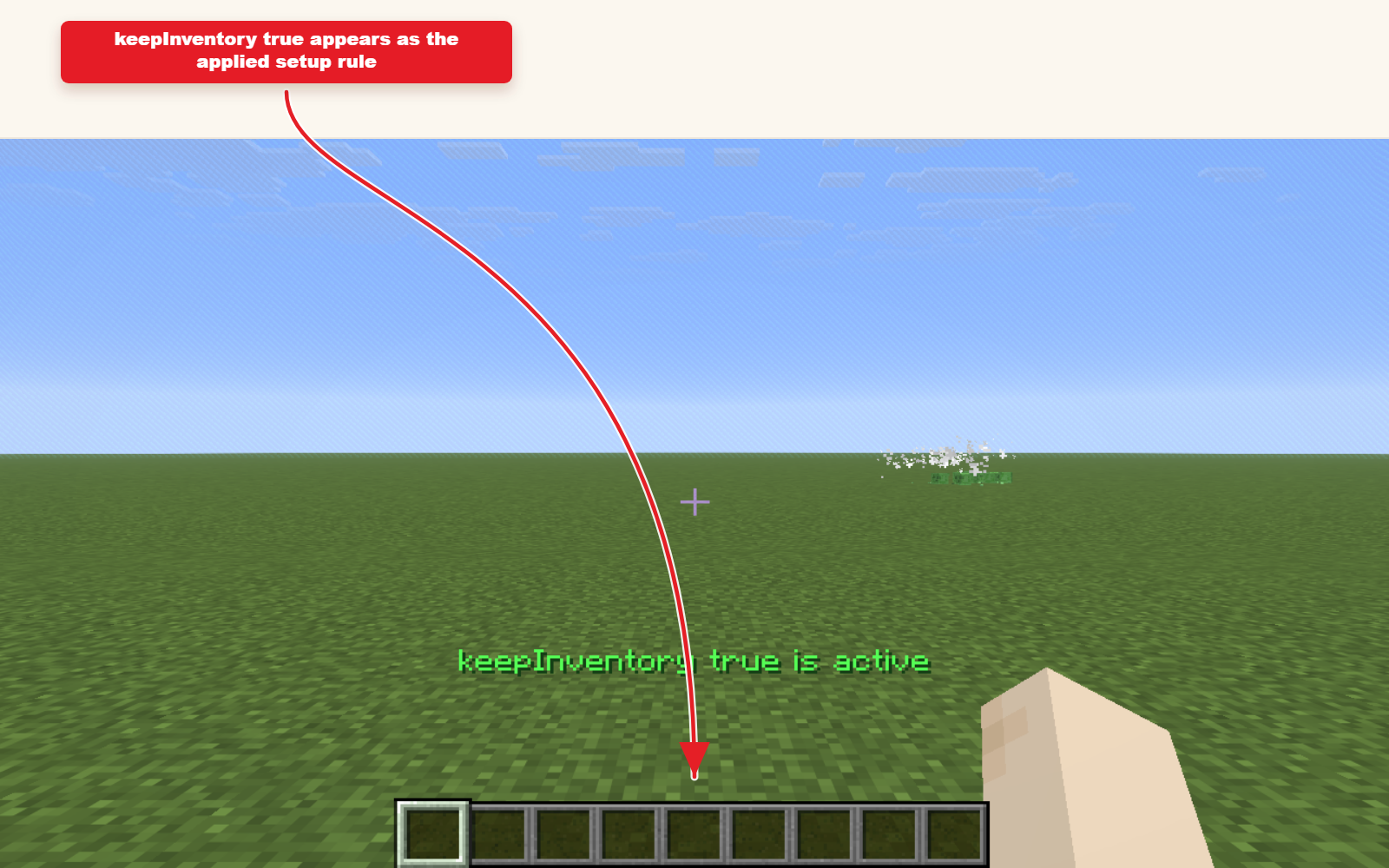 In-game Minecraft screenshot showing the result for Keep inventory preset workflow.