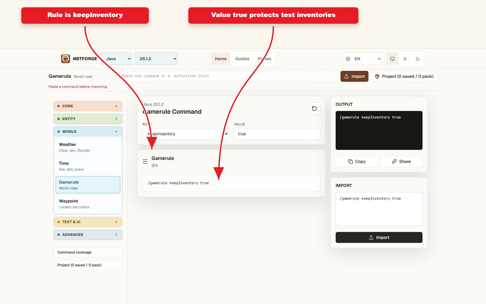 NBTForge Gamerule workbench configured for Keep inventory preset workflow.