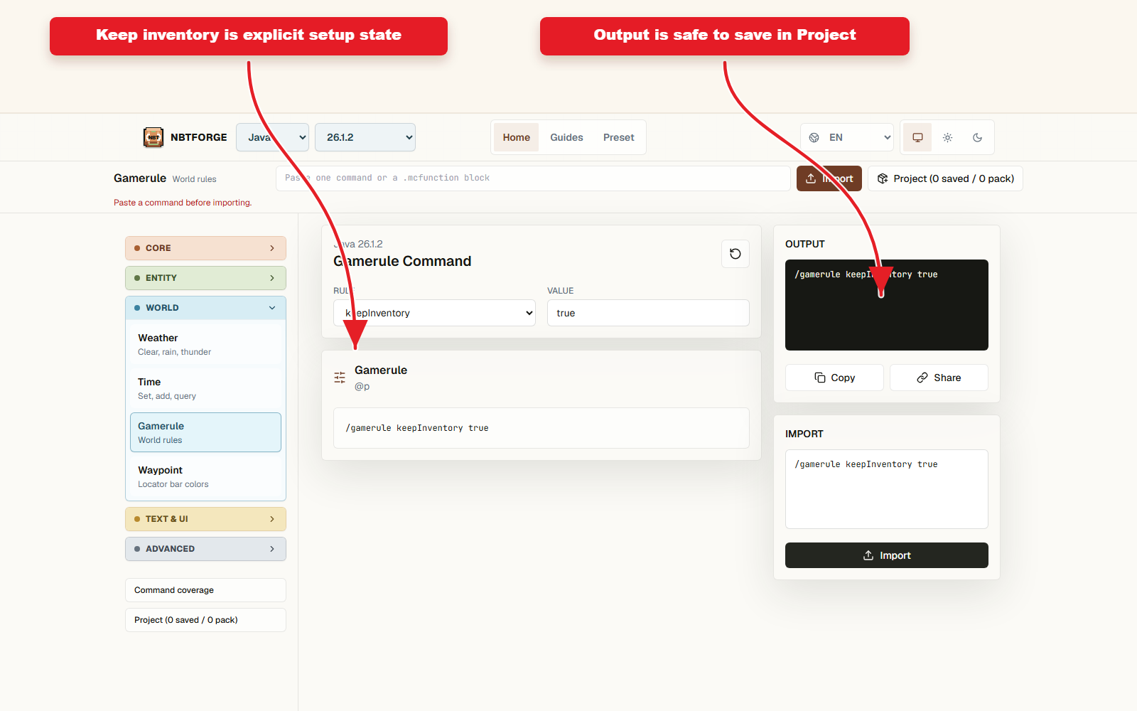 Detailed Gamerule controls for Keep inventory preset workflow.
