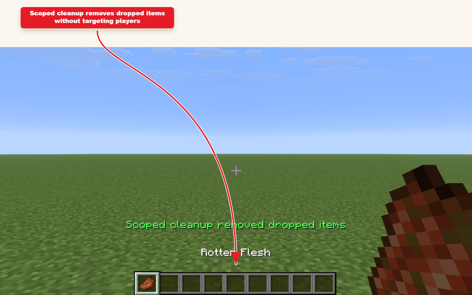 In-game Minecraft screenshot showing the result for Kill command preset for cleanup.